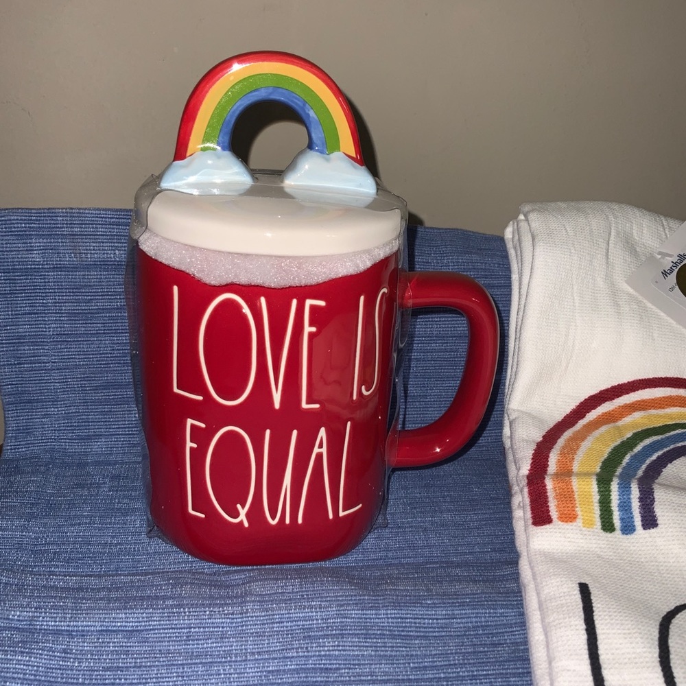 Rae Dunn LOVE IS EQUAL Mug with Figural Rainbow Topper
